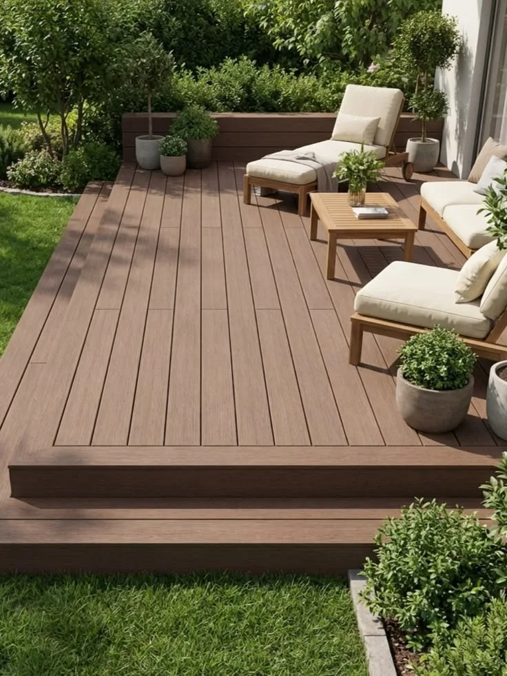 Terrasse en composite avec salon de jardin contemporain